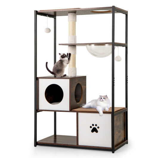 52 Inch Tall Wooden Cat Tree Metal Frame with 2 Condos and Cushions-Coffee LuxuryLifeWay Online Store