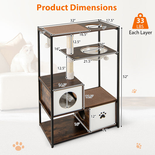52 Inch Tall Wooden Cat Tree Metal Frame with 2 Condos and Cushions-Coffee LuxuryLifeWay Online Store