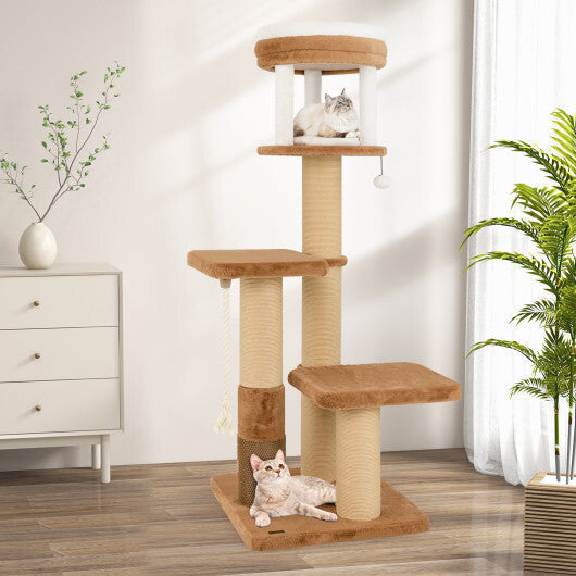65 Inches Tall Cat Tree with Self-groomer and Removable Cat Bed-Coffee LuxuryLifeWay Online Store