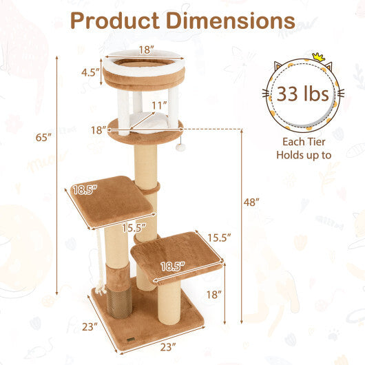 65 Inches Tall Cat Tree with Self-groomer and Removable Cat Bed-Coffee LuxuryLifeWay Online Store