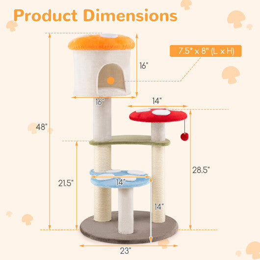 Cute Mushroom Cat Tree with Sisal Scratching Posts Top Condo and Padded Platforms-Multicolor LuxuryLifeWay Online Store