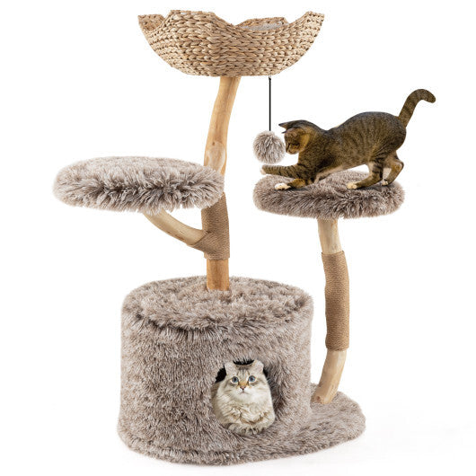 Wood Cat Tree Solid Pear Cat Tree with Perch and Sisal Scratching Posts-Brown
