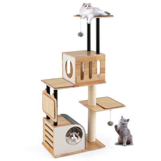 Modern Tall Cat Tower with Double Condos with Dangling Balls and Sisal Carpets-Natural LuxuryLifeWay Online Store