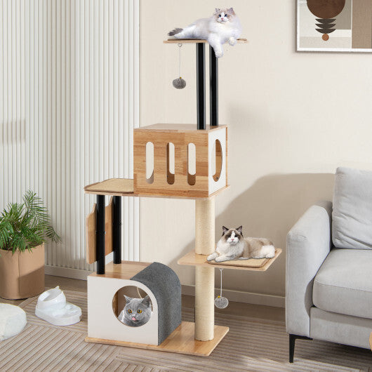 Modern Tall Cat Tower with Double Condos with Dangling Balls and Sisal Carpets-Natural LuxuryLifeWay Online Store