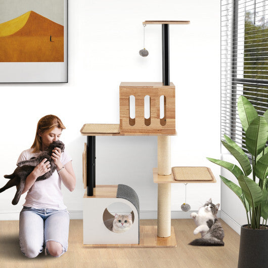 Modern Tall Cat Tower with Double Condos with Dangling Balls and Sisal Carpets-Natural LuxuryLifeWay Online Store