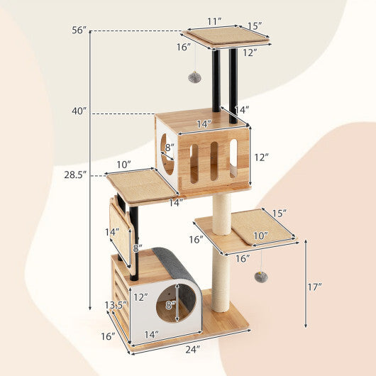 Modern Tall Cat Tower with Double Condos with Dangling Balls and Sisal Carpets-Natural LuxuryLifeWay Online Store