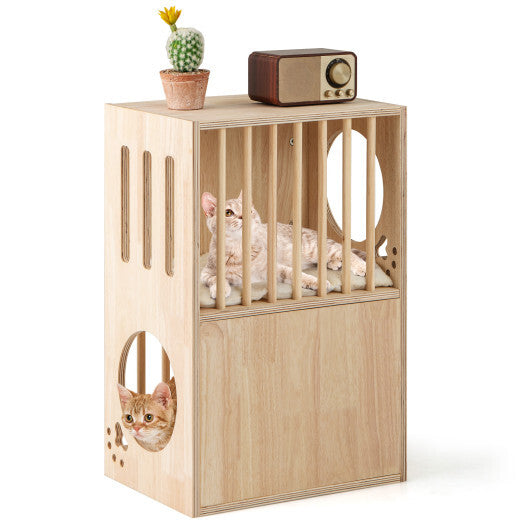 2-tier Wooden Cat Condo Indoor Symmetrical Cat House with Removable Cushions LuxuryLifeWay Online Store