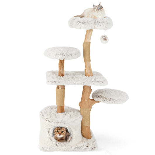 Modern Cat Tree 53 Inch Tall Natural Branch Wooden Cat Tower with Jute Scratching Posts-White LuxuryLifeWay Online Store