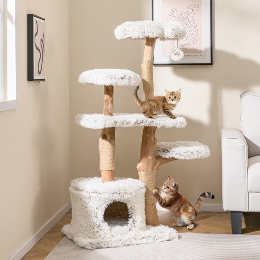 Modern Cat Tree 53 Inch Tall Natural Branch Wooden Cat Tower with Jute Scratching Posts-White LuxuryLifeWay Online Store