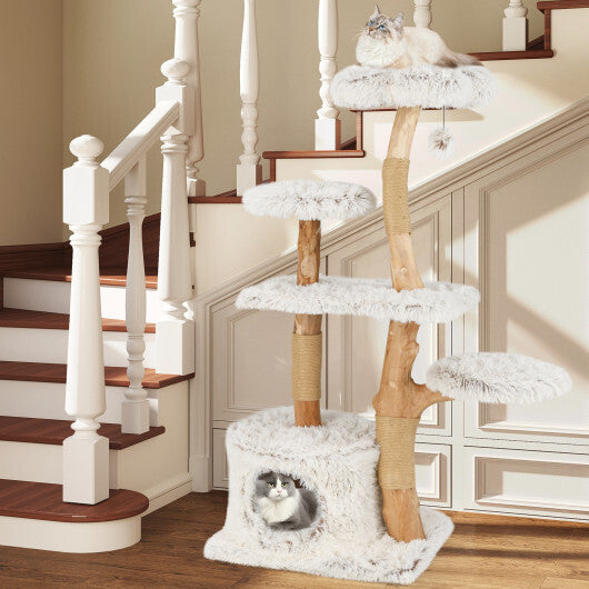 Modern Cat Tree 53 Inch Tall Natural Branch Wooden Cat Tower with Jute Scratching Posts-White LuxuryLifeWay Online Store