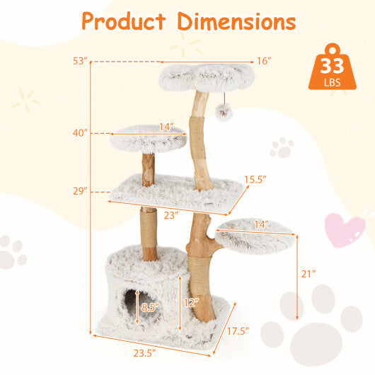 Modern Cat Tree 53 Inch Tall Natural Branch Wooden Cat Tower with Jute Scratching Posts-White LuxuryLifeWay Online Store