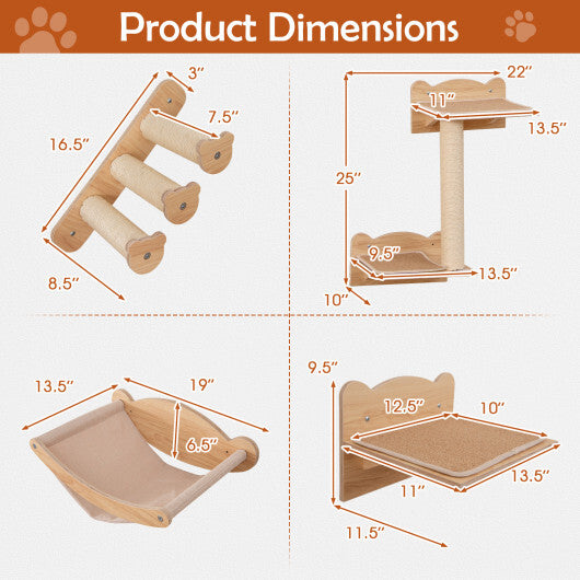 Cat Wall Furniture Set of 4 with Hammock 2-step Cat Tree and Perch-Natural LuxuryLifeWay Online Store