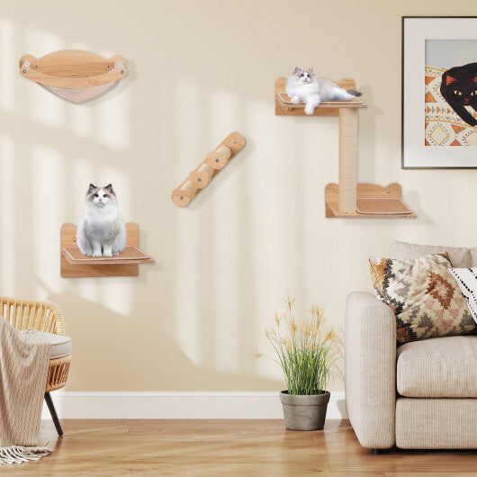 Cat Wall Furniture Set of 4 with Hammock 2-step Cat Tree and Perch-Natural LuxuryLifeWay Online Store