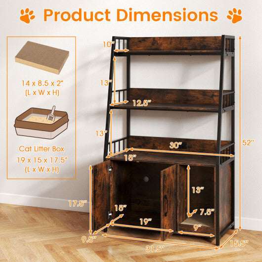 Cat Litter Box Enclosure with Storage Shelves and Scratching Pad-Rustic Brown LuxuryLifeWay Online Store