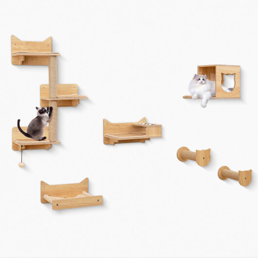 6 Pieces Cat Wall Furniture Set Kitten Wall Mounted Shelves-Natural LuxuryLifeWay Online Store