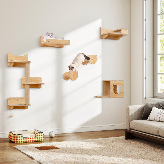 6 Pieces Cat Wall Furniture Set Kitten Wall Mounted Shelves-Natural LuxuryLifeWay Online Store