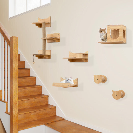 6 Pieces Cat Wall Furniture Set Kitten Wall Mounted Shelves-Natural LuxuryLifeWay Online Store