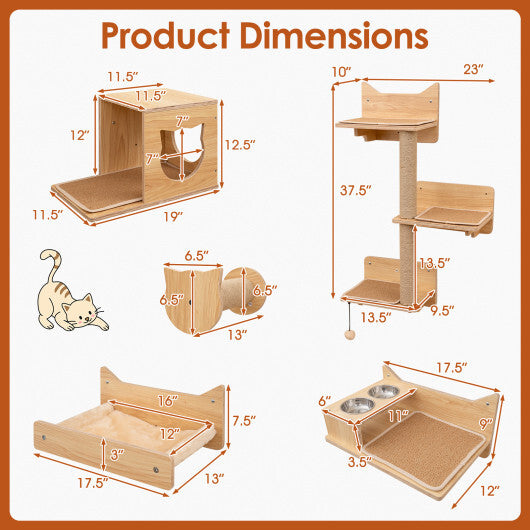 6 Pieces Cat Wall Furniture Set Kitten Wall Mounted Shelves-Natural LuxuryLifeWay Online Store