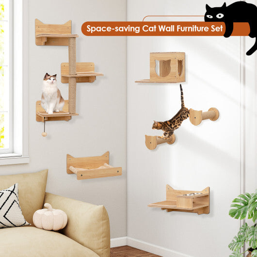 6 Pieces Cat Wall Furniture Set Kitten Wall Mounted Shelves-Natural LuxuryLifeWay Online Store