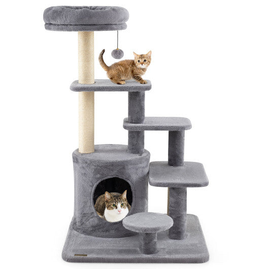 40 Inch Multi-level Cat Tower with Condo and Dangling Jingle Ball-Gray LuxuryLifeWay Online Store