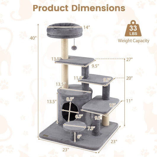 40 Inch Multi-level Cat Tower with Condo and Dangling Jingle Ball-Gray LuxuryLifeWay Online Store