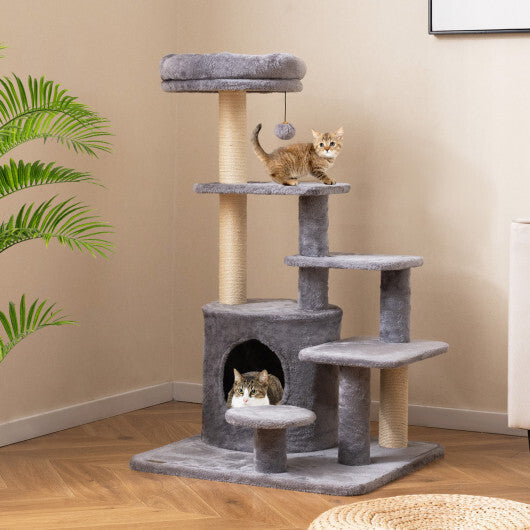 40 Inch Multi-level Cat Tower with Condo and Dangling Jingle Ball-Gray LuxuryLifeWay Online Store