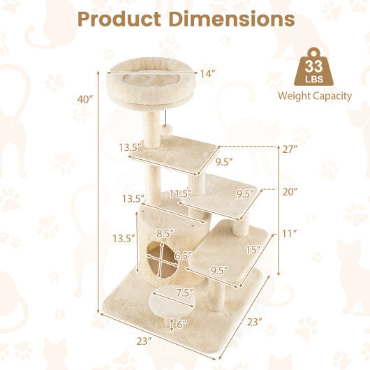 40 Inch Multi-level Cat Tower with Condo and Dangling Jingle Ball-Gray LuxuryLifeWay Online Store