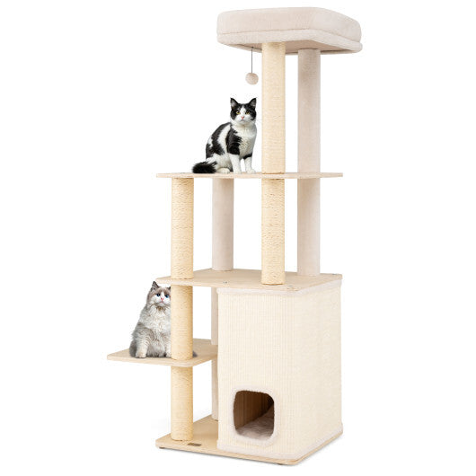 63 Inch Tall Wooden Cat Tree with 2-Story Condo and Plush Padded Top Perch-Natural LuxuryLifeWay Online Store