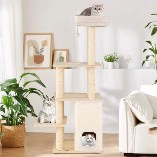 63 Inch Tall Wooden Cat Tree with 2-Story Condo and Plush Padded Top Perch-Natural LuxuryLifeWay Online Store