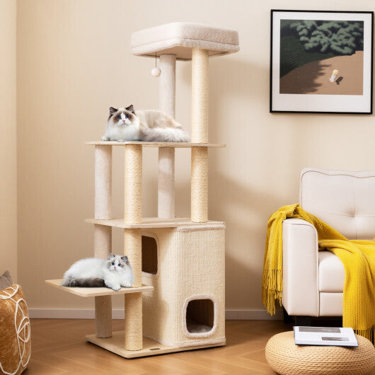 63 Inch Tall Wooden Cat Tree with 2-Story Condo and Plush Padded Top Perch-Natural LuxuryLifeWay Online Store