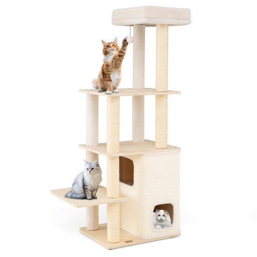 63 Inch Tall Wooden Cat Tree with 2-Story Condo and Plush Padded Top Perch-Natural LuxuryLifeWay Online Store