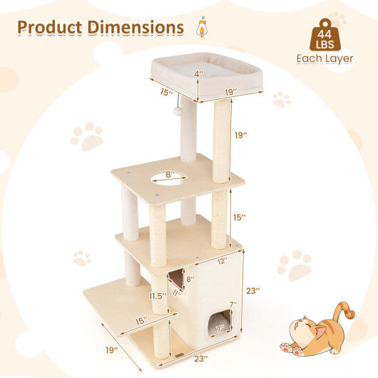 63 Inch Tall Wooden Cat Tree with 2-Story Condo and Plush Padded Top Perch-Natural LuxuryLifeWay Online Store