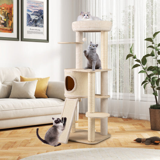 56 Inch Tall Cat Tree with 2 Sisal Scratching Posts and Ladder-NA LuxuryLifeWay Online Store