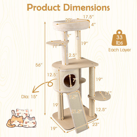 56 Inch Tall Cat Tree with 2 Sisal Scratching Posts and Ladder-NA LuxuryLifeWay Online Store