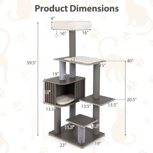 Multi-level Cat Tree for Indoor Cat 59.5 inch Tall Cat Tower with Cushion Top Perch-Gray LuxuryLifeWay Online Store