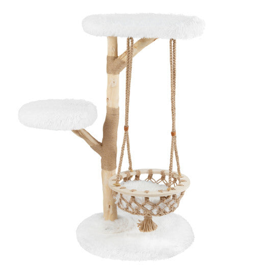 48.5 Inch Solid Wood Cat Tree with Hanging Cradle and Jute Scratching Post-White LuxuryLifeWay Online Store