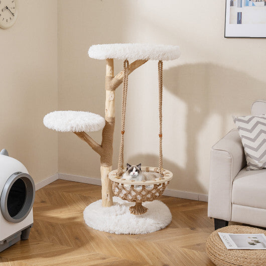 48.5 Inch Solid Wood Cat Tree with Hanging Cradle and Jute Scratching Post-White LuxuryLifeWay Online Store