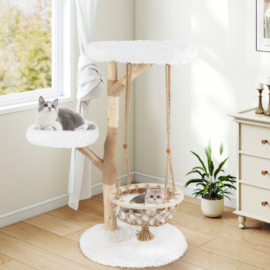 48.5 Inch Solid Wood Cat Tree with Hanging Cradle and Jute Scratching Post-White LuxuryLifeWay Online Store