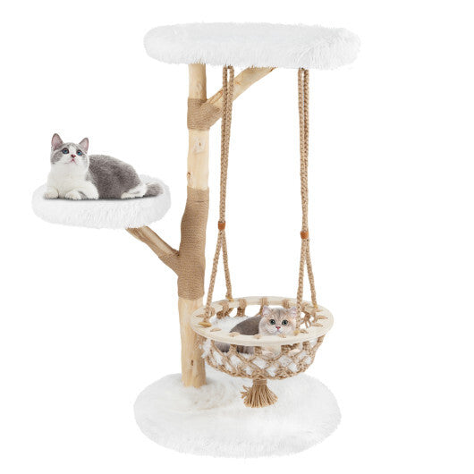 48.5 Inch Solid Wood Cat Tree with Hanging Cradle and Jute Scratching Post-White LuxuryLifeWay Online Store