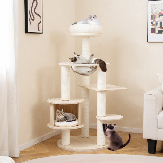 52 Inches Tall Wooden Cat Tree with Washable Plush Cushions and Multi-Level Climbing Stand LuxuryLifeWay Online Store