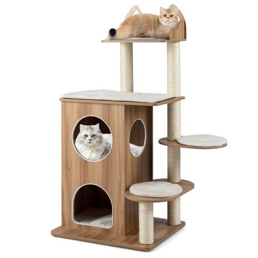 48 Inch Wooden Cat Tree with 2-Floor Condo and Washable Cushions-Natural LuxuryLifeWay Online Store