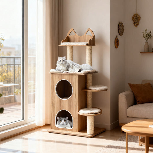48 Inch Wooden Cat Tree with 2-Floor Condo and Washable Cushions-Natural LuxuryLifeWay Online Store