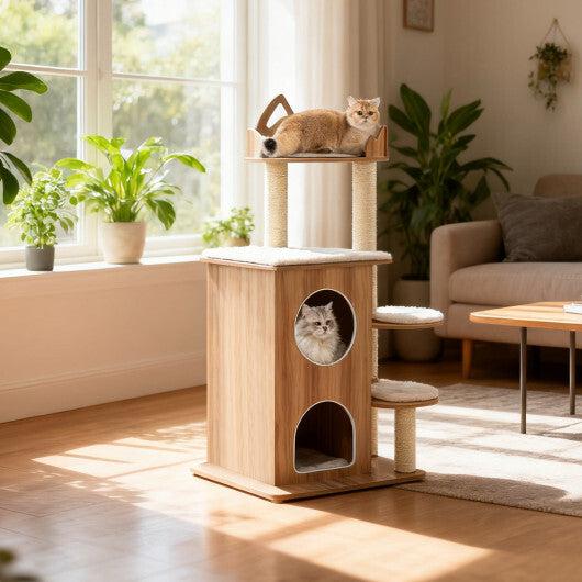 48 Inch Wooden Cat Tree with 2-Floor Condo and Washable Cushions-Natural LuxuryLifeWay Online Store