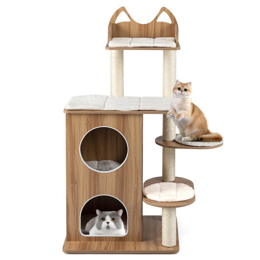 48 Inch Wooden Cat Tree with 2-Floor Condo and Washable Cushions-Natural LuxuryLifeWay Online Store