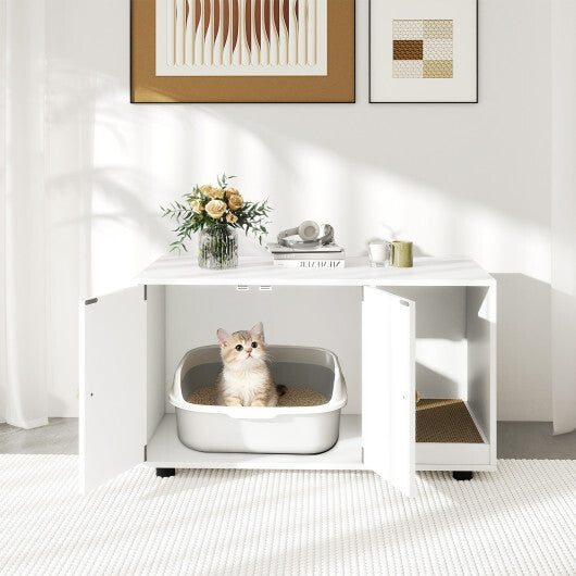 Wooden Cat Litter Box Enclosure Hidden Litter Box Furniture with Scratching Board-Oak