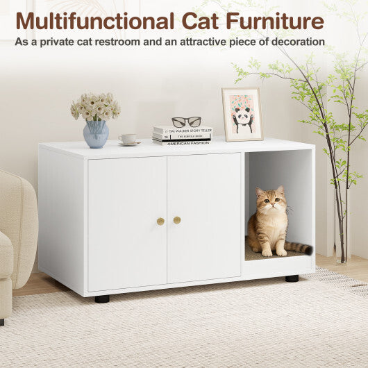 Wooden Cat Litter Box Enclosure Hidden Litter Box Furniture with Scratching Board-Oak