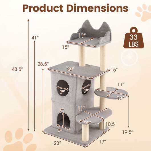 48.5 inch Cat Tree with 2-story Condo and 3 Hideaway Caves for Large Cats-Gray LuxuryLifeWay Online Store