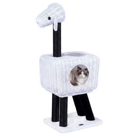 43-Inch Lamb-Shaped Cat Tower with 2-Door Rattan Condo for Indoor Kittens-White LuxuryLifeWay Online Store