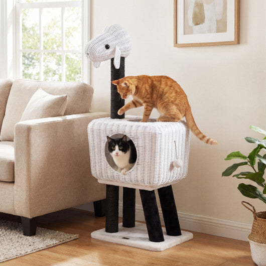 43-Inch Lamb-Shaped Cat Tower with 2-Door Rattan Condo for Indoor Kittens-White LuxuryLifeWay Online Store