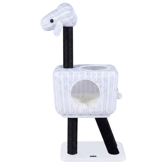 43-Inch Lamb-Shaped Cat Tower with 2-Door Rattan Condo for Indoor Kittens-White LuxuryLifeWay Online Store